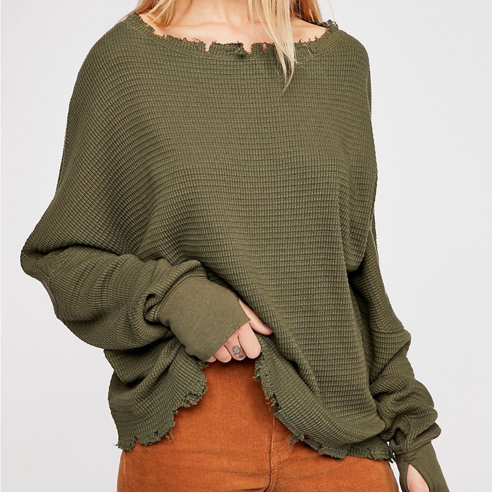 FREE PEOPLE GREEN WAFFLE LONG SLEEVE/TUNIC size small